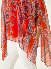 Roman Red Curve Ikat Paisley Asymmetric Overlay Blouse - Image 5 of 5