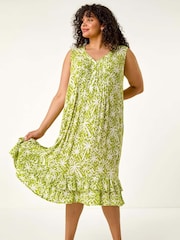 Roman Green Curve Palm Print Peated V-Neck Dress - Image 1 of 5