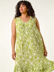 Roman Green Curve Palm Print Peated V-Neck Dress - Image 2 of 5