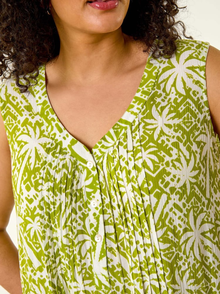 Roman Green Curve Palm Print Peated V-Neck Dress - Image 5 of 5