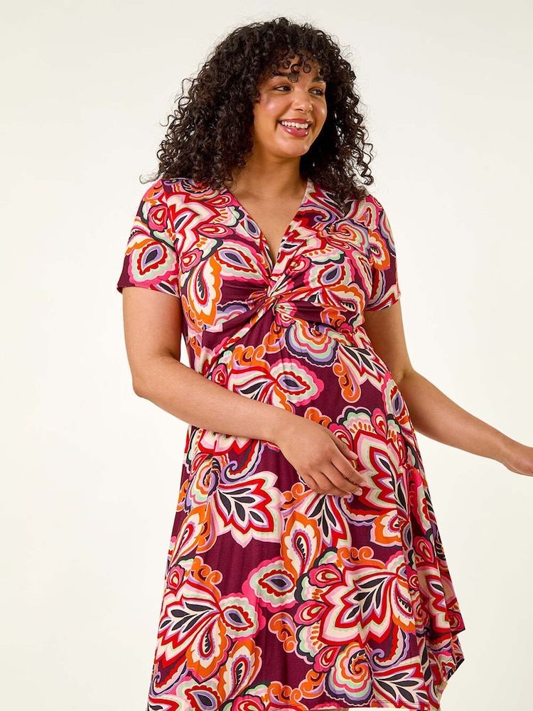 Roman Purple Curve Floral Print Twist Front Dress - Image 1 of 5