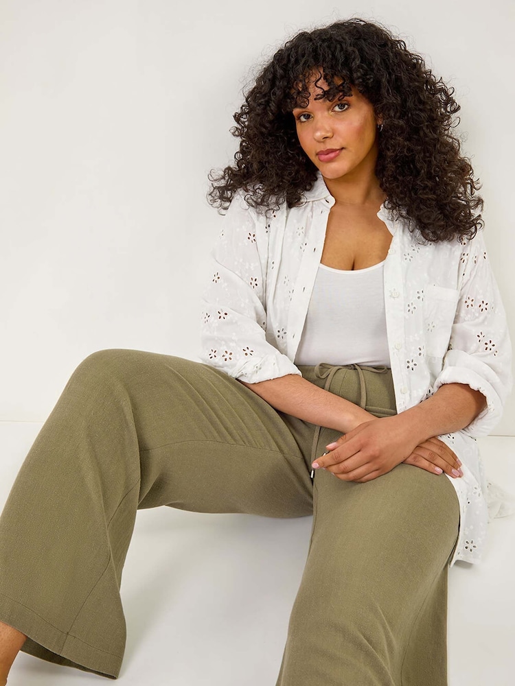 Roman Khaki Green Curve Linen Mix Trousers - Image 1 of 5