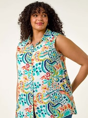 Roman Blue Curve Abstract Print Blouse - Image 1 of 5
