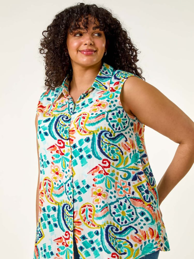 Roman Blue Curve Abstract Print Blouse - Image 1 of 5