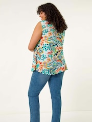Roman Blue Curve Abstract Print Blouse - Image 3 of 5