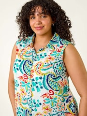 Roman Blue Curve Abstract Print Blouse - Image 5 of 5