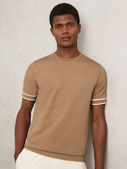 Reiss Camel Brown Oscar Textured Crew-Neck Tipped T-Shirt - Image 1 of 6