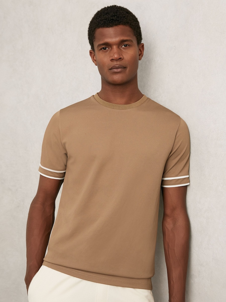 Reiss Camel Brown Oscar Textured Crew-Neck Tipped T-Shirt - Image 1 of 6