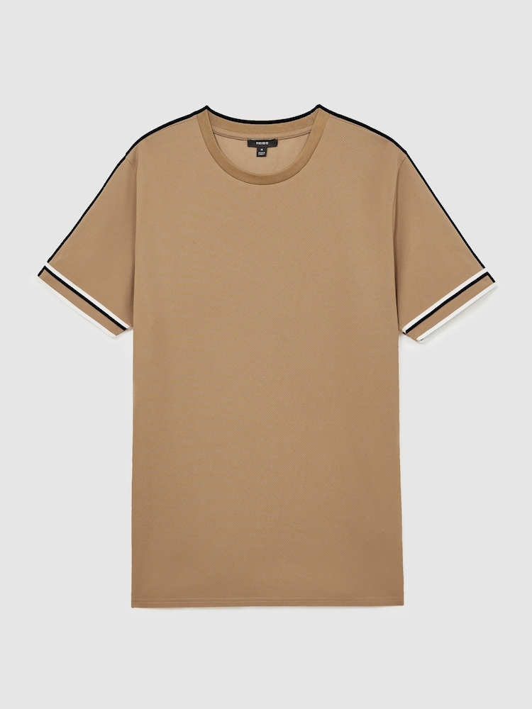 Reiss Camel Brown Oscar Textured Crew-Neck Tipped T-Shirt - Image 2 of 6