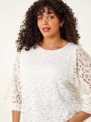 Roman White Curve Lace Front Stretch Blouse - Image 4 of 5
