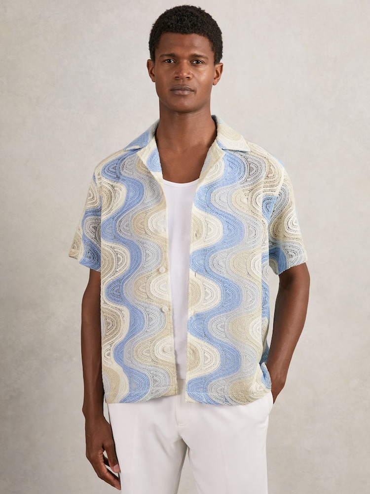 Reiss Blue Multi Wilson Wave Crochet Cuban-Collar Shirt - Image 1 of 5