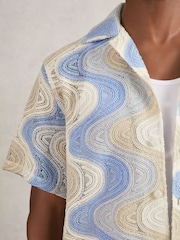 Reiss Blue Multi Wilson Wave Crochet Cuban-Collar Shirt - Image 3 of 5