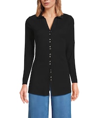 Lands' End Black Ribbed Long Sleeve Polo Shirt - Image 1 of 3