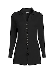 Lands' End Black Ribbed Long Sleeve Polo Shirt - Image 3 of 3
