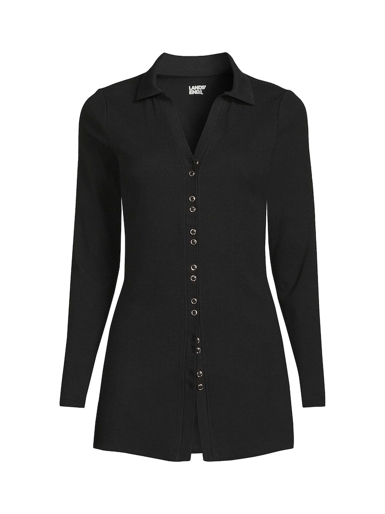 Lands' End Black Ribbed Long Sleeve Polo Shirt - Image 3 of 3