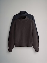 The Set Chocolate Brown/Navy Blue 2 Pack High Neck Cable Jumpers - Image 2 of 6