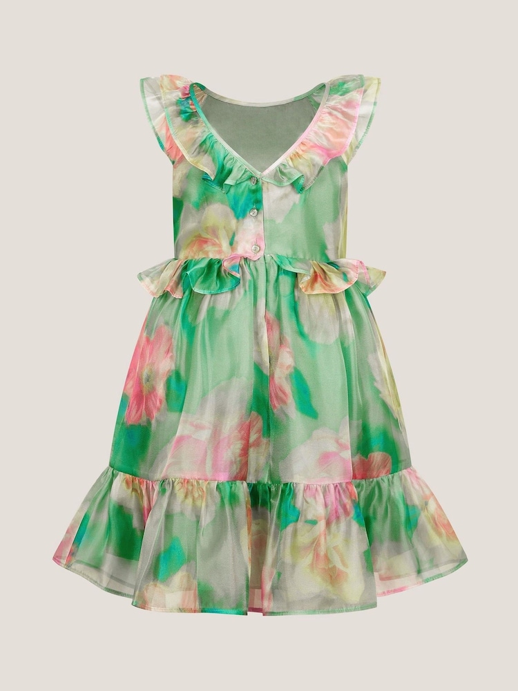 Monsoon Green Blurry Floral Organza Ruffle Dress - Image 2 of 3