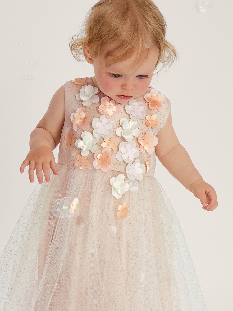 Monsoon Gold Baby Darcie 3D Flower Glitter Tulle Dress - Image 1 of 4 Monsoon Gold Baby Darcie 3D Flower Glitter Tulle Dress - Image 1 of 4