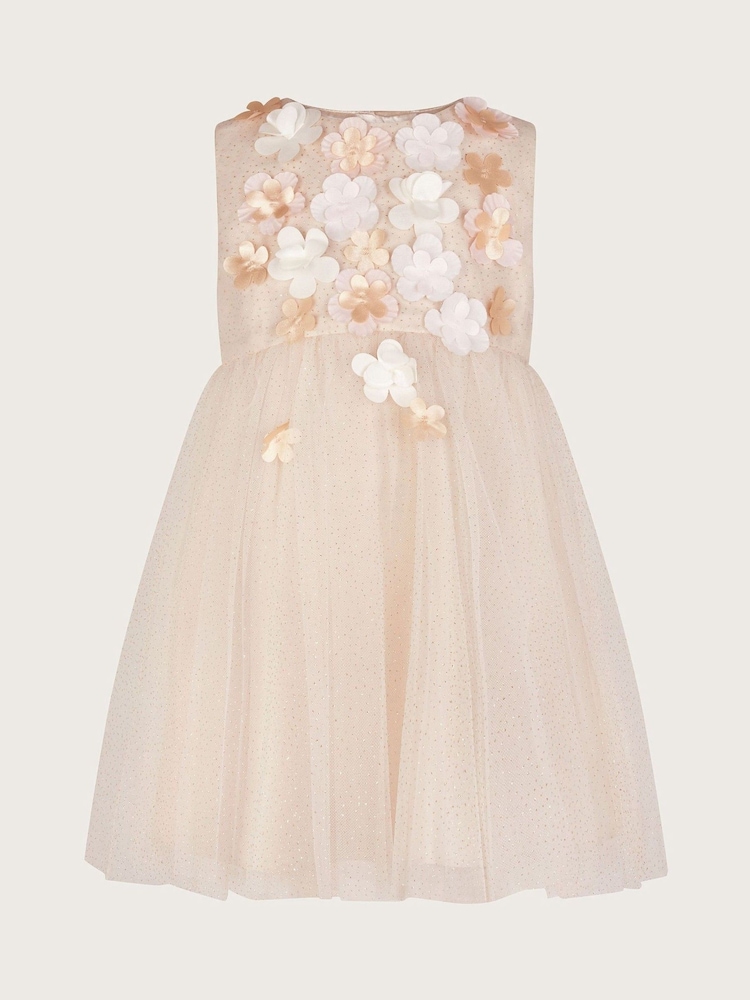 Monsoon Gold Baby Darcie 3D Flower Glitter Tulle Dress - Image 2 of 4 Monsoon Gold Baby Darcie 3D Flower Glitter Tulle Dress - Image 2 of 4