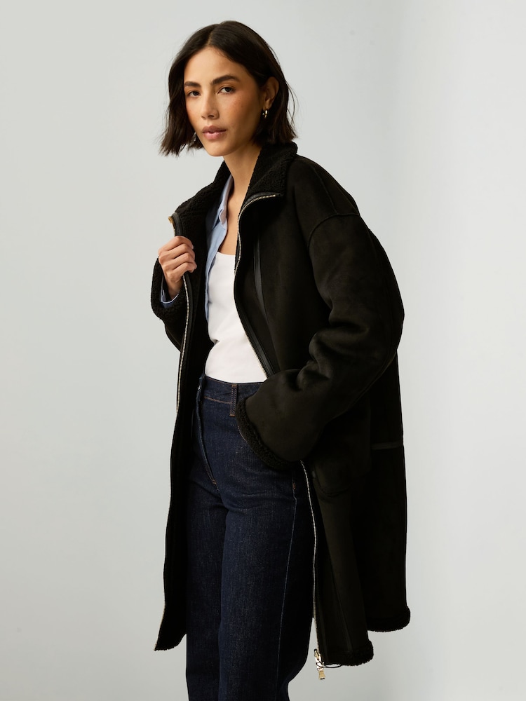 Emme Marella Pilade Shearling Zip Black Coat - Bild 1 von 6