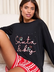 Lipsy Black Santa Baby Christmas Long Sleeve & Shorts Pyjama Set - Image 2 of 4