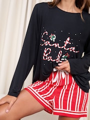 Lipsy Black Santa Baby Christmas Long Sleeve & Shorts Pyjama Set - Image 3 of 4