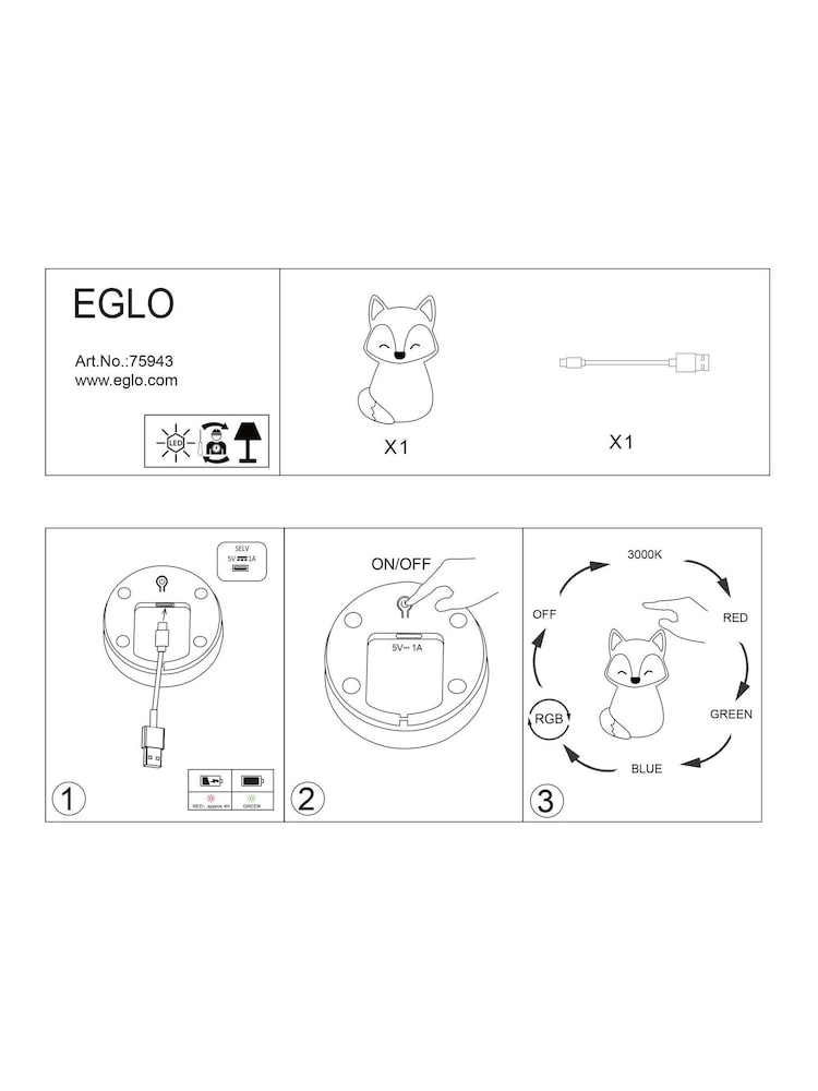 Eglo Orange Kids Castellino Fox Night Light Table Lamp - Image 5 of 5