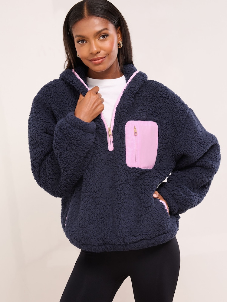 Azul marino - Lipsy Cosy Borg Half Zip Hoodie - Imagen 1 de 4