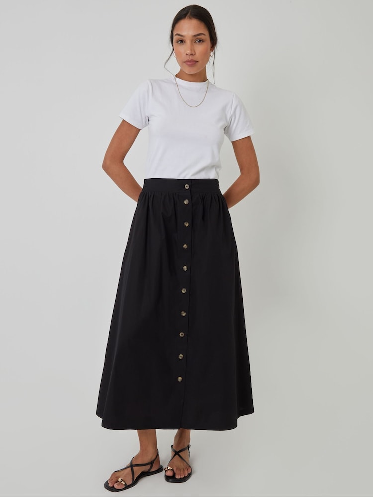 Threadbare Black Button Detail Maxi 100% Cotton Skirt with Pockets - Image 1 of 4