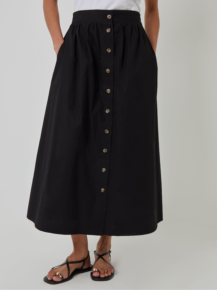 Threadbare Black Button Detail Maxi 100% Cotton Skirt with Pockets - Image 2 of 4