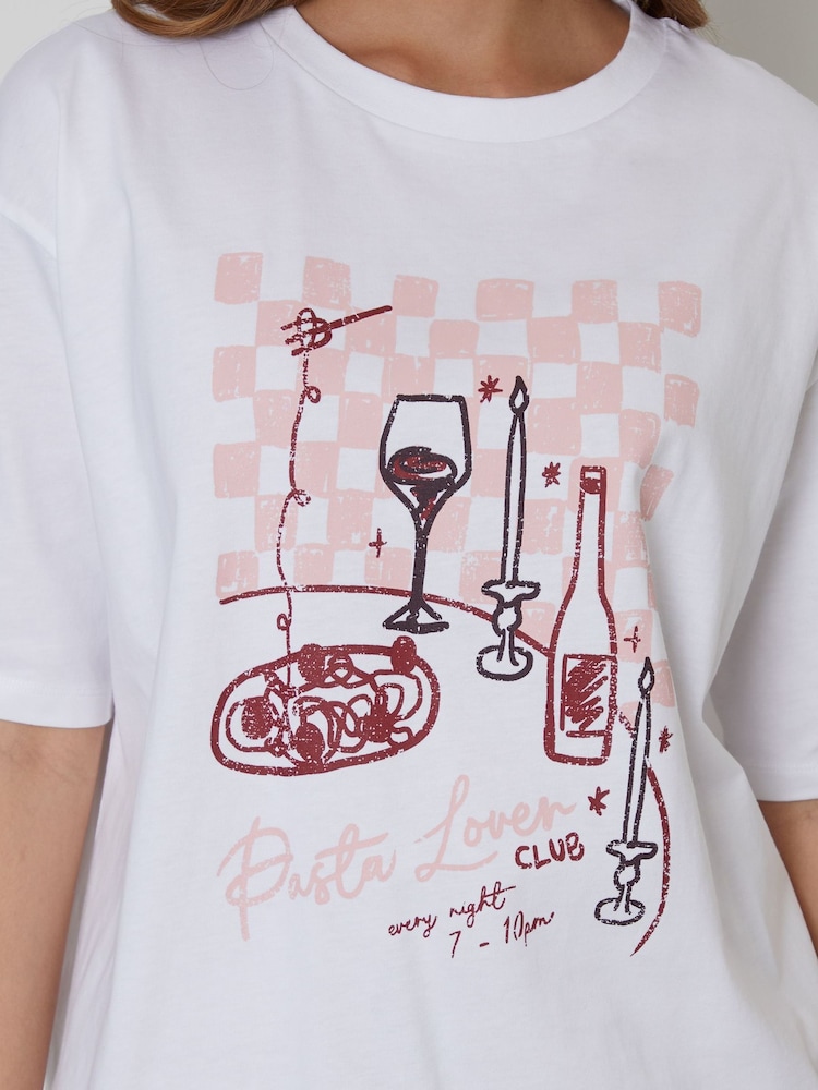 Threadbare White Boyfriend Fit 'Pasta Lover' Graphic Print 100% Cotton T-Shirt - Image 2 of 4