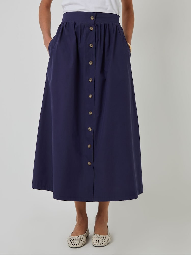 Threadbare Blue Button Detail Maxi 100% Cotton Skirt with Pockets - Image 2 of 5