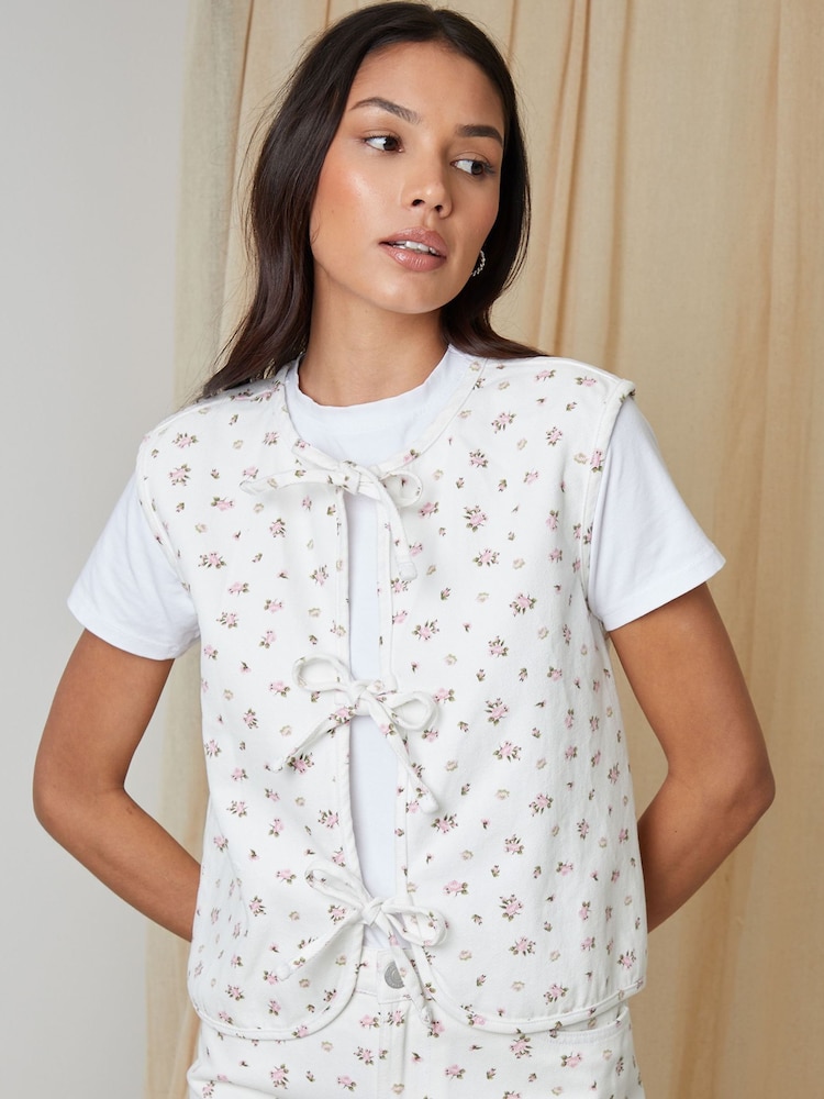 Threadbare White Floral Tie Front Denim Gilet - Image 1 of 5
