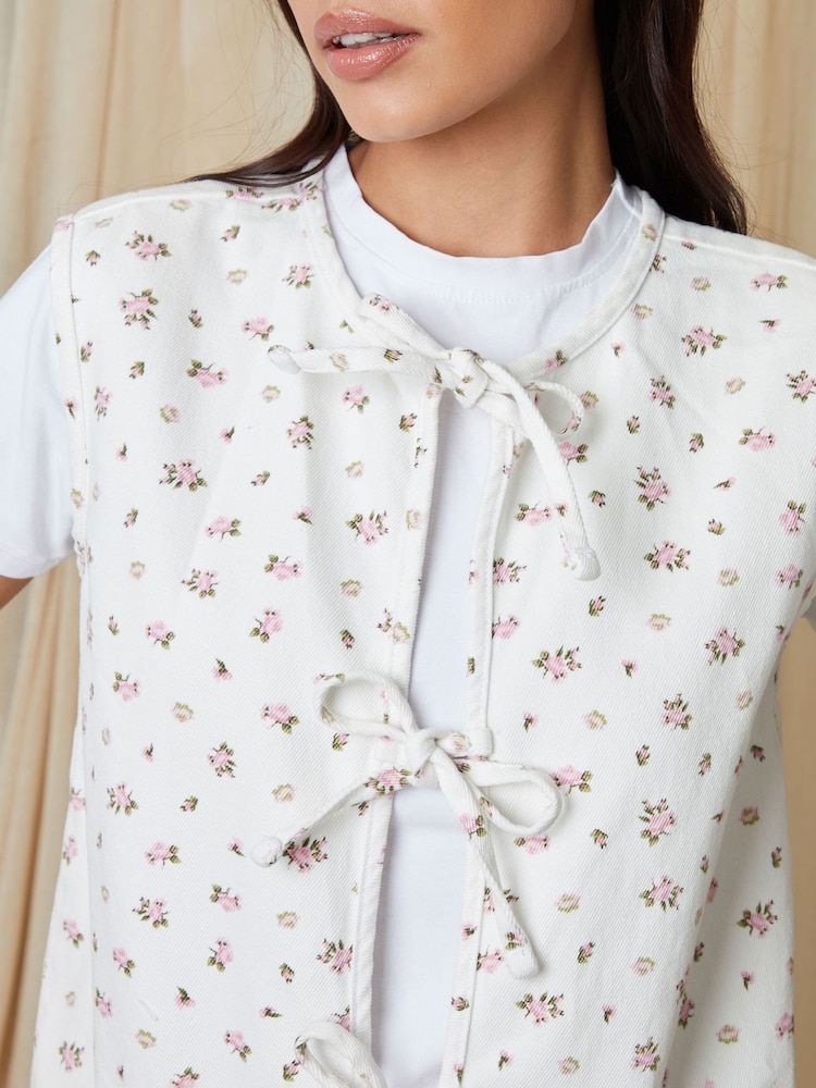 Threadbare White Floral Tie Front Denim Gilet - Image 5 of 5