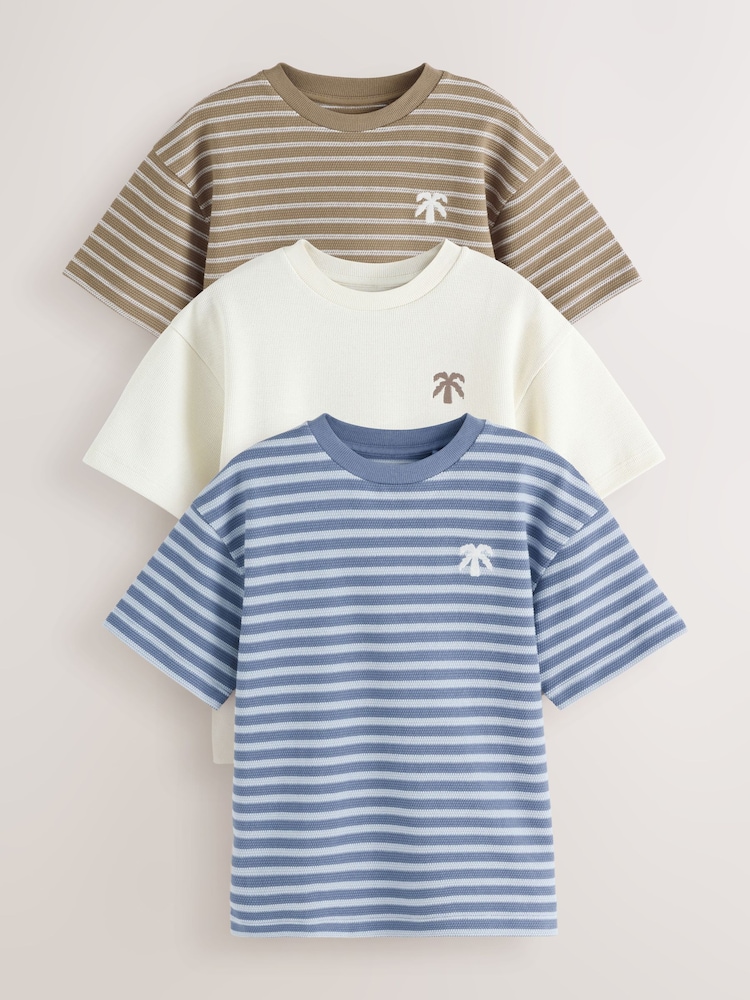 Blue/White/Brown Stripe Textured Relaxed Fit T-Shirts 3 Pack (3-16yrs) - Image 1 of 8