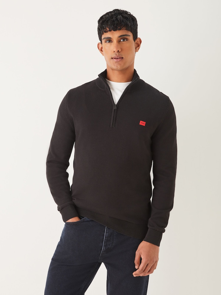 HUGO Black Knitted Logo Quarter Zip Jumper - Image 1 of 4