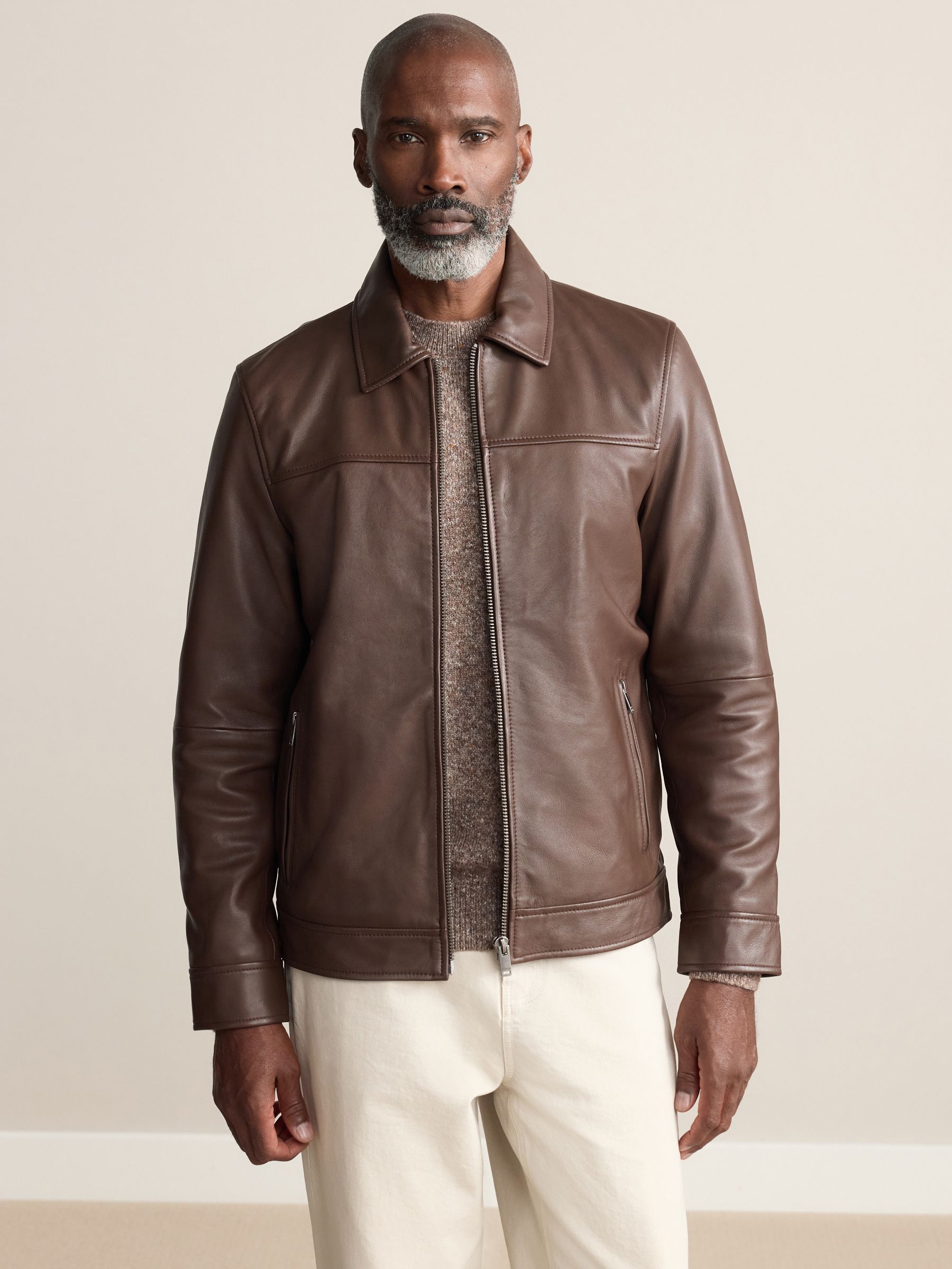 Buy Brown Signature Leather Collared Jacket from Next USA