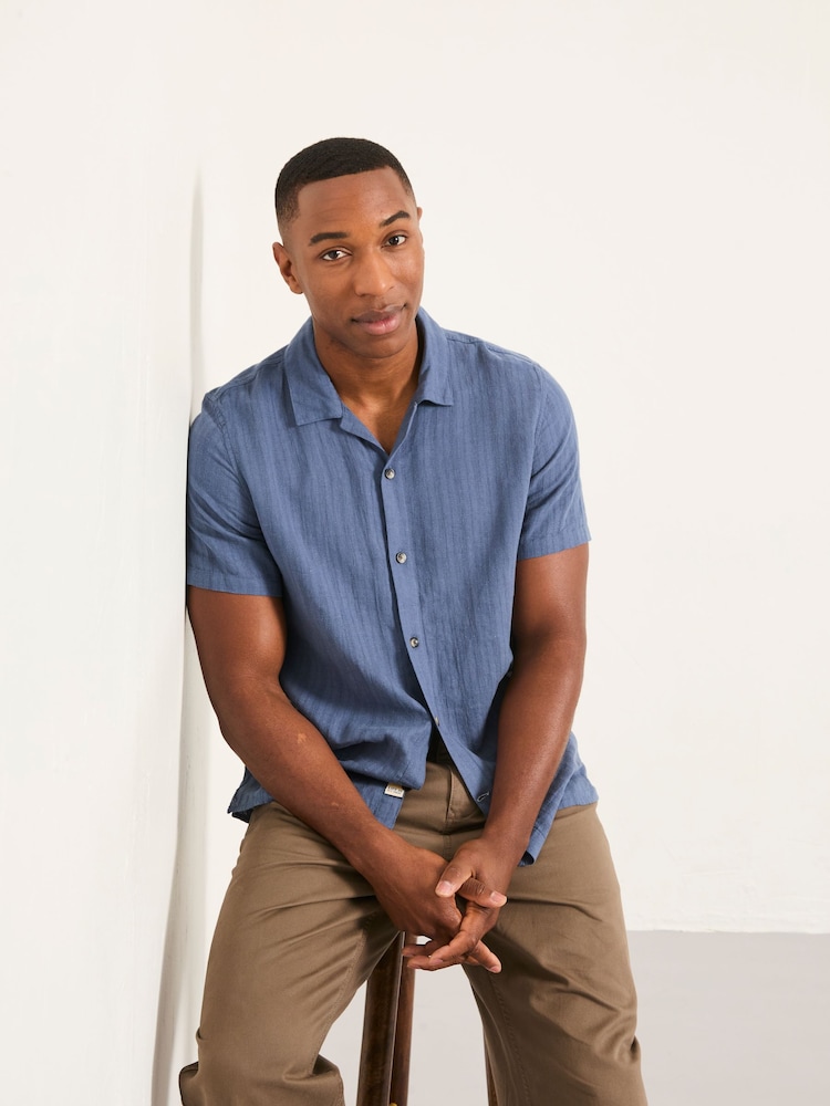 FatFace Bugle Denim Dark Blue Short Sleeve Self Stripe Shirt - Image 1 of 6