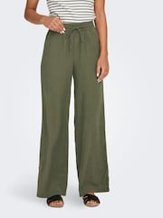 JDY Green Linen Mix Wide Leg Tie Waist Trousers - Image 1 of 5
