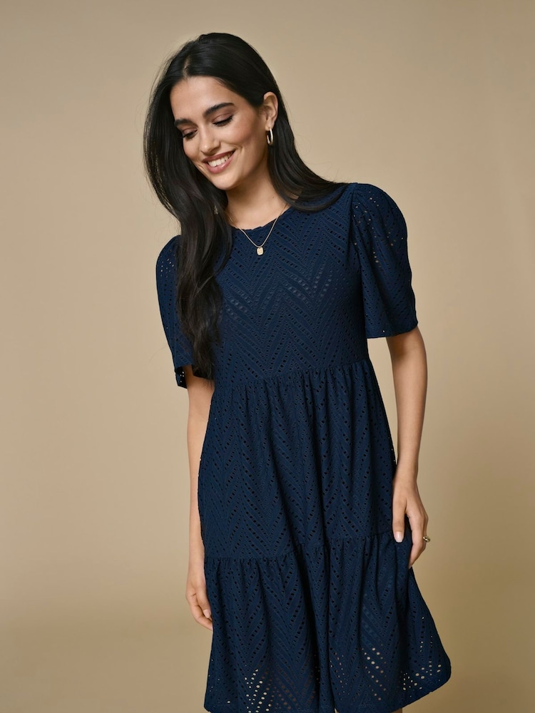 JDY Blue Short Sleeve Pointelle Tiered Jersey Dress - Image 1 of 4