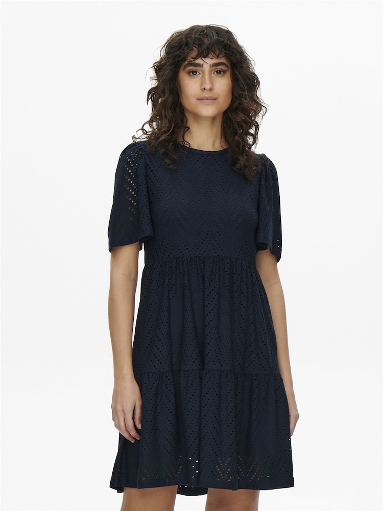 JDY Blue Short Sleeve Pointelle Tiered Jersey Dress - Image 2 of 4