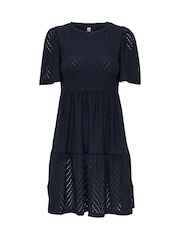 JDY Blue Short Sleeve Pointelle Tiered Jersey Dress - Image 3 of 4