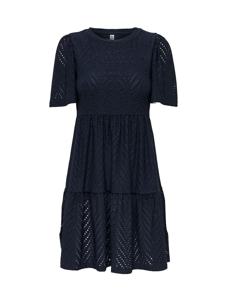 JDY Blue Short Sleeve Pointelle Tiered Jersey Dress - Image 3 of 4