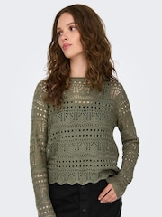 JDY Green Long Sleeve Knitted Crochet Boatneck Pullover Jumper - Image 1 of 6