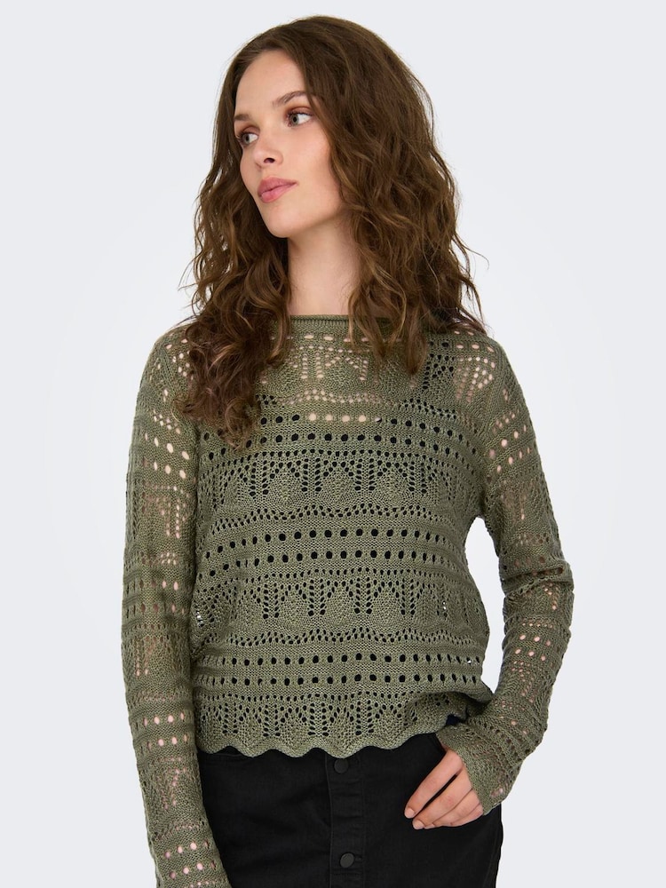 JDY Green Long Sleeve Knitted Crochet Boatneck Pullover Jumper - Image 1 of 6