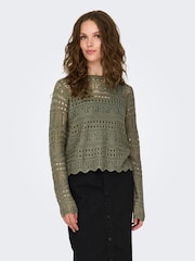 JDY Green Long Sleeve Knitted Crochet Boatneck Pullover Jumper - Image 2 of 6