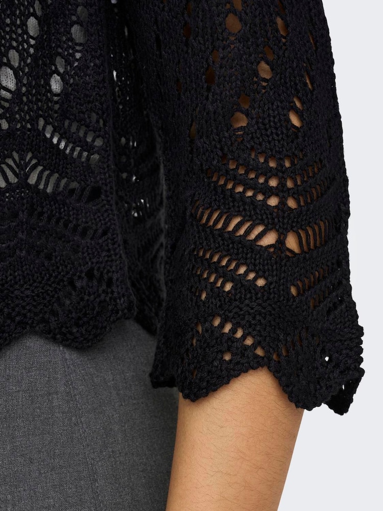 JDY Black 3/4 Sleeve Crochet Cardigan - Image 4 of 6