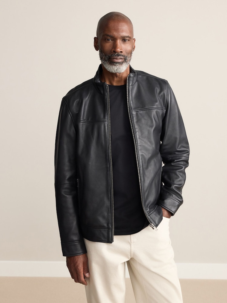 Black Signature Leather Funnel Neck Jacket - Image 1 of 13 Black Signature Leather Funnel Neck Jacket - Image 1 of 13