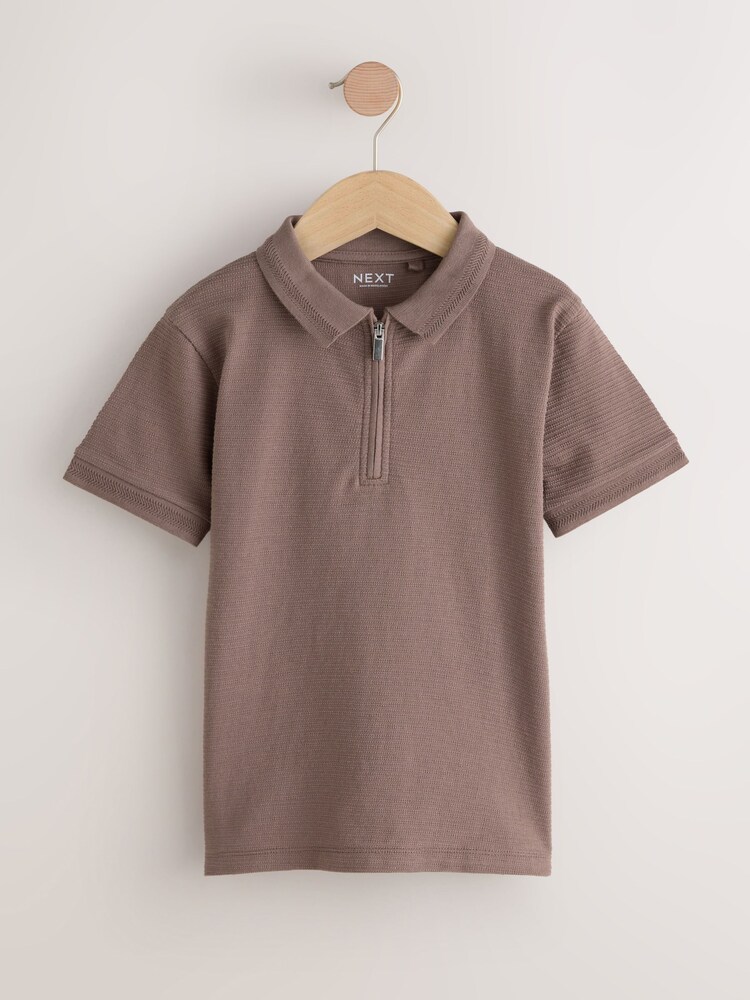 Mink Brown Textured Short Sleeve Zip Neck Polo Shirt (3-16yrs) - Image 1 of 4 Mink Brown Textured Short Sleeve Zip Neck Polo Shirt (3-16yrs) - Image 1 of 4