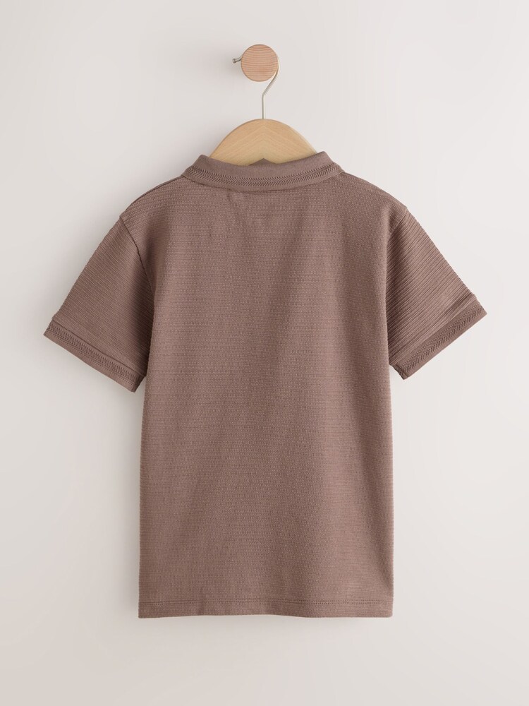 Mink Brown Textured Short Sleeve Zip Neck Polo Shirt (3-16yrs) - Image 2 of 4 Mink Brown Textured Short Sleeve Zip Neck Polo Shirt (3-16yrs) - Image 2 of 4